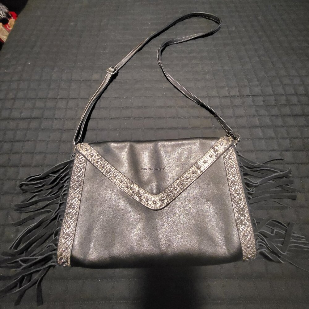 DAVID JONES/Paris shoulder/crossbody/clutch Handbag convertible Black Fringe